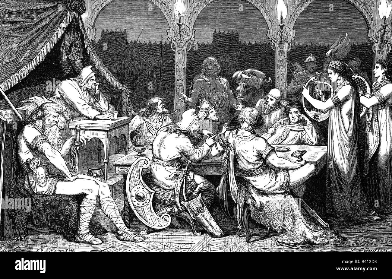 Attila the Hun, (405-453), manger, avec la société de la cour, gravure, 19ème siècle, Etzel, nourriture, musicien, musique, Lyre, Lyra, instrument, nuit, soirée, femme, femme, femme, , Banque D'Images