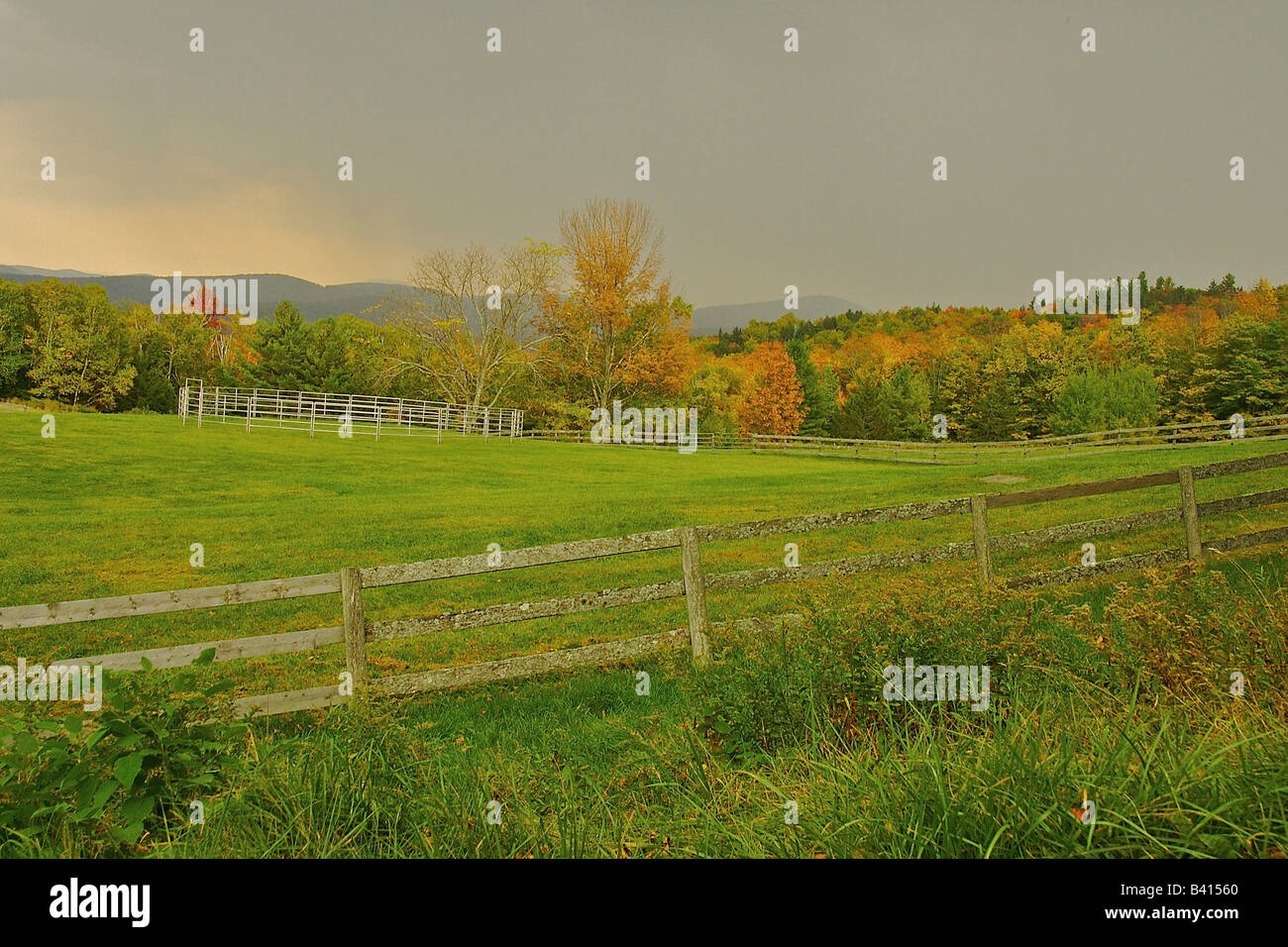 Amérique du Nord, USA, New York, Windsor Comté. Clôtures, feuillage, et les montagnes entourant un champ Vermont en automne. Banque D'Images