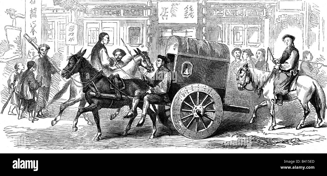 Transport / transport, transport, chariot avec âne, Beijing, Chine, gravure en bois, 1869, Banque D'Images