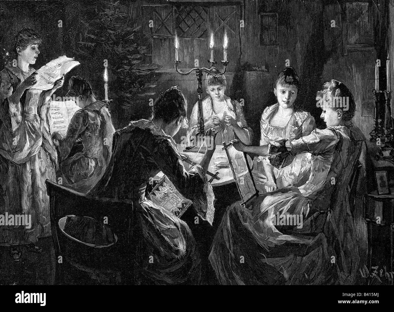 Les gens, la société, les femmes dans les abeilles, la gravure de bois après dessin de W. Zehme, XIXe siècle, historique, historique, rencontre, couture et tricotage, bougie, foyer, activité, chant, jouer du piano, socialisation, socialement, Banque D'Images