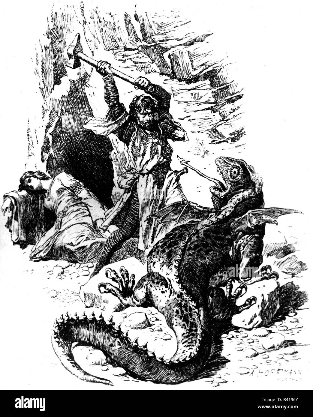 Superstition, créatures mythiques, dragons, Sintram qui claque le dragon, dessin d'Anton Hoffmann à narraeuve par Max Hauhofer, 1899, , Banque D'Images