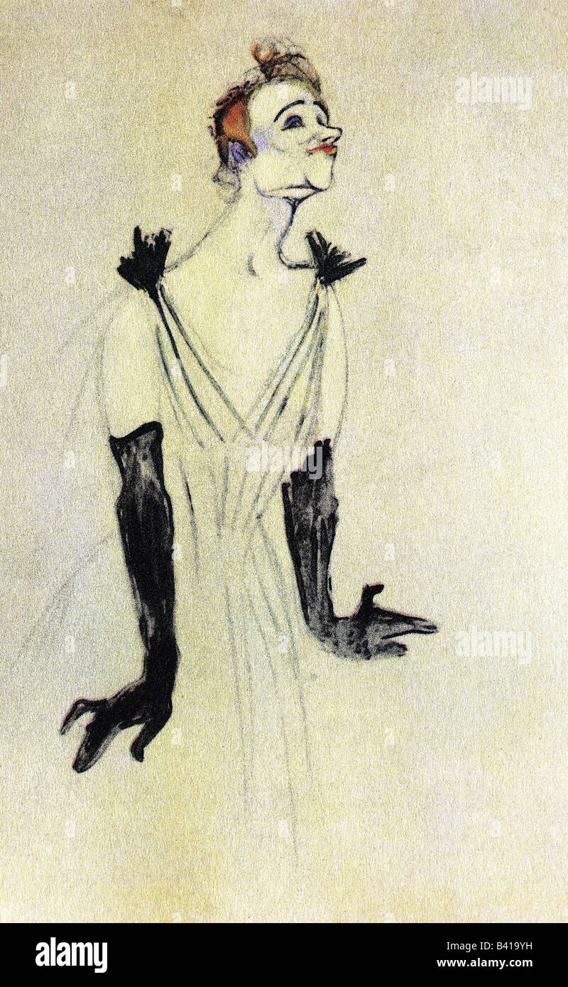 Guilbert, Yvette, 20.1.1866 - 3.2.1944, chanteuse française nad actrice, caricature par Henri de Toulouse-Lautrec, 1894, , Banque D'Images