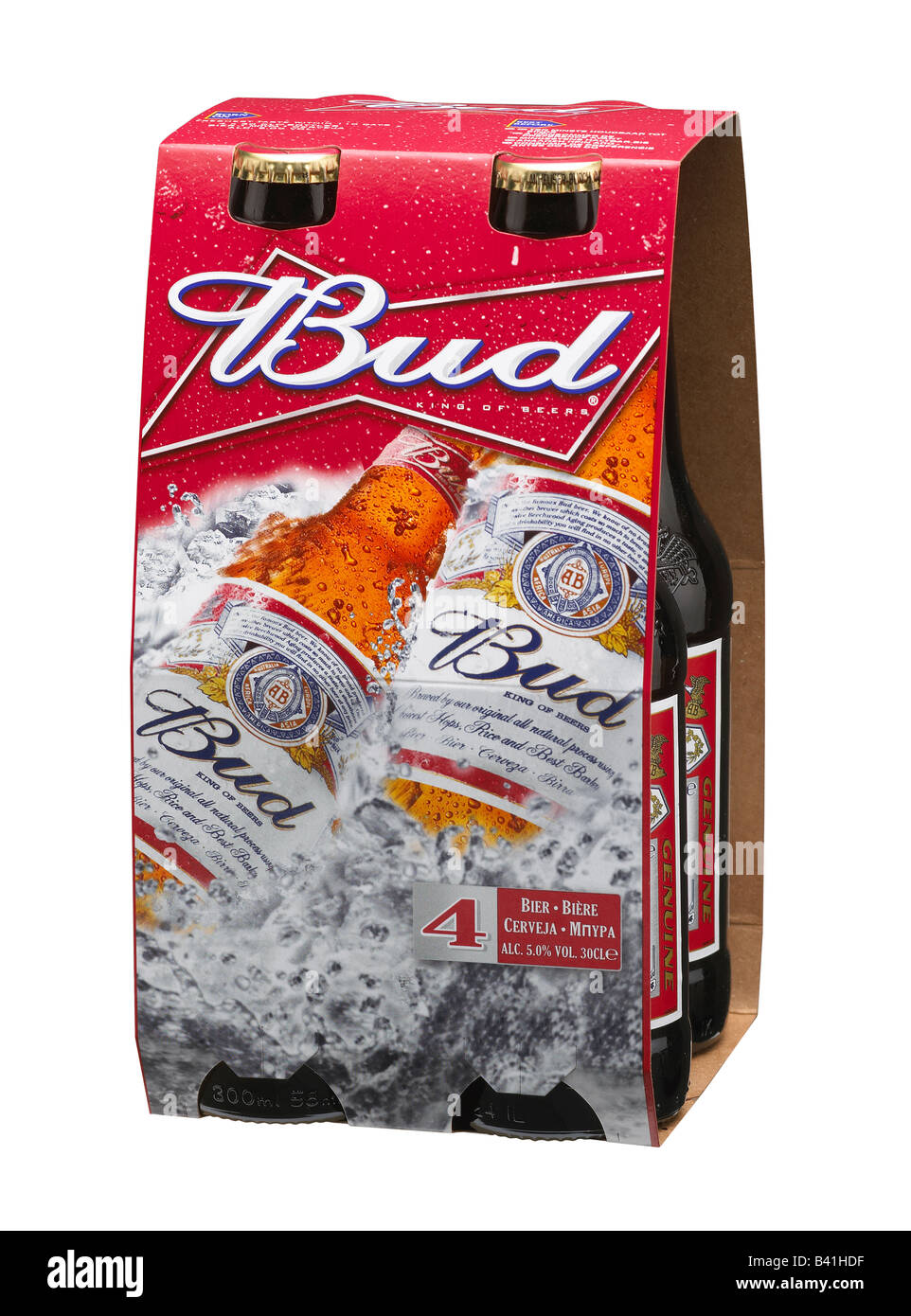 La bière Budweiser BUD VASE QUATRE PACK Banque D'Images