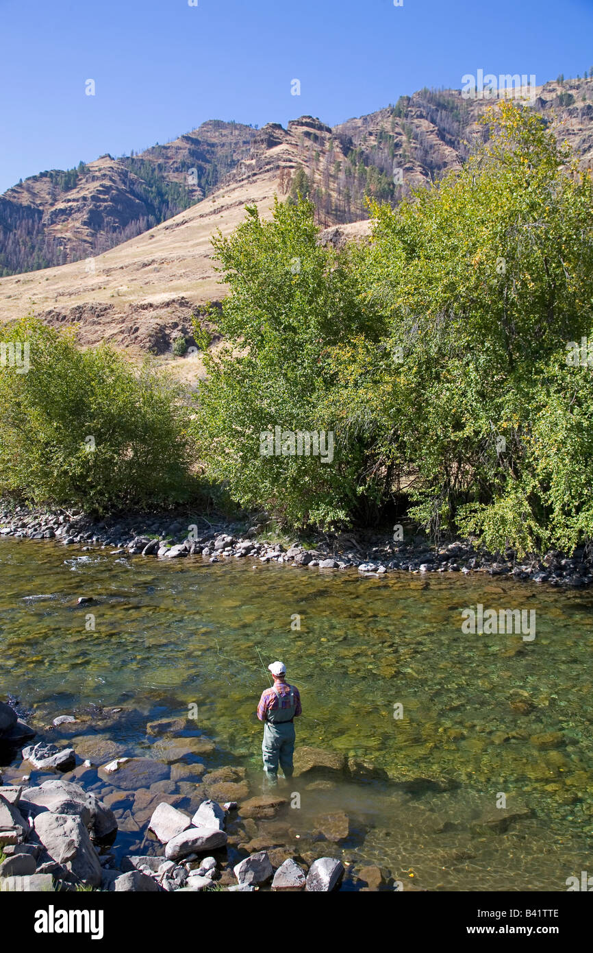 Jette un pêcheur de mouche pour la truite dans le Inmaha Inmaha River dans le Canyon ou gorge près de Hells Canyon National Recreation Area Banque D'Images