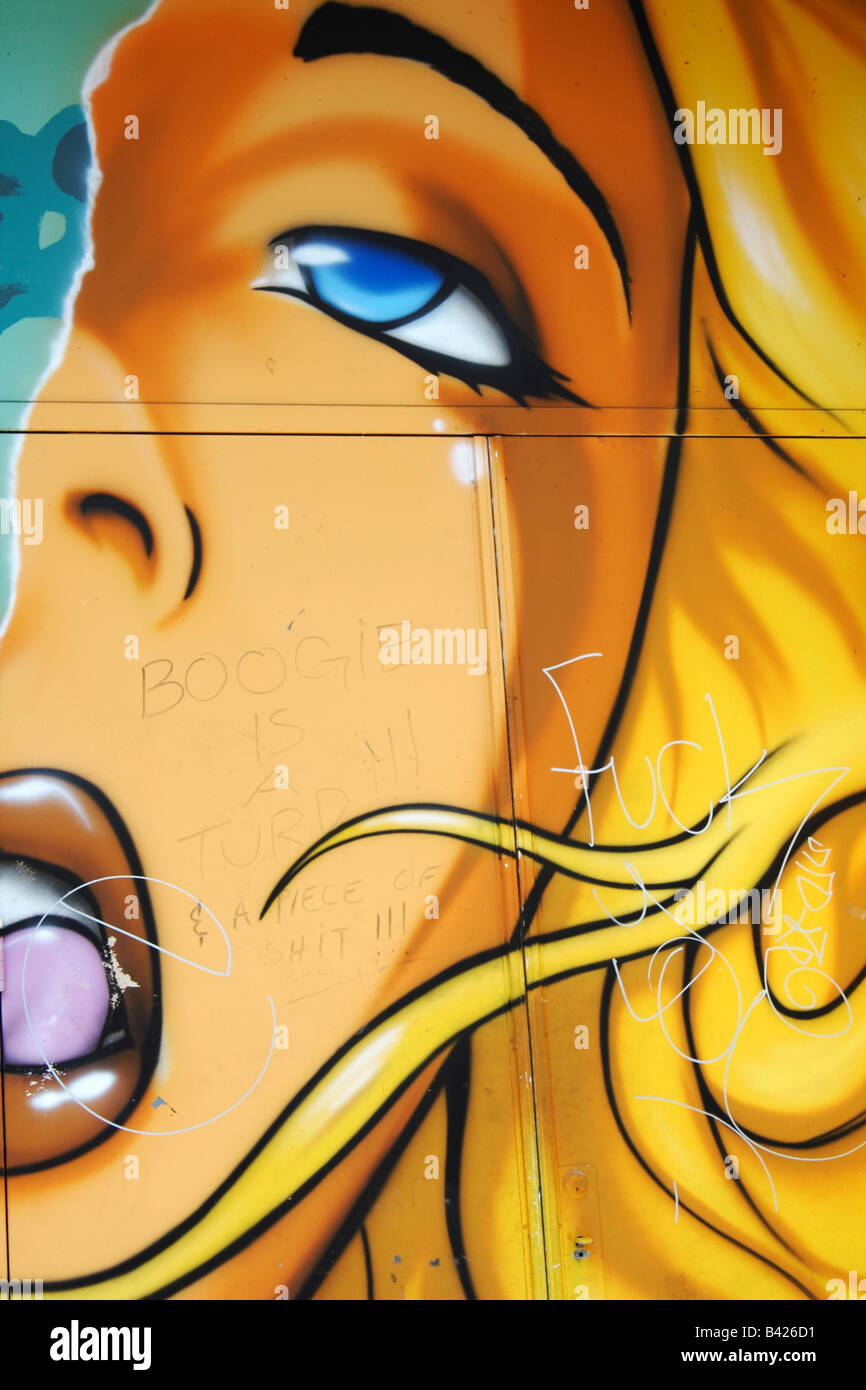 Partie de visage tourmenté d'une femme blonde sur un mur de graffitis à Montréal Banque D'Images