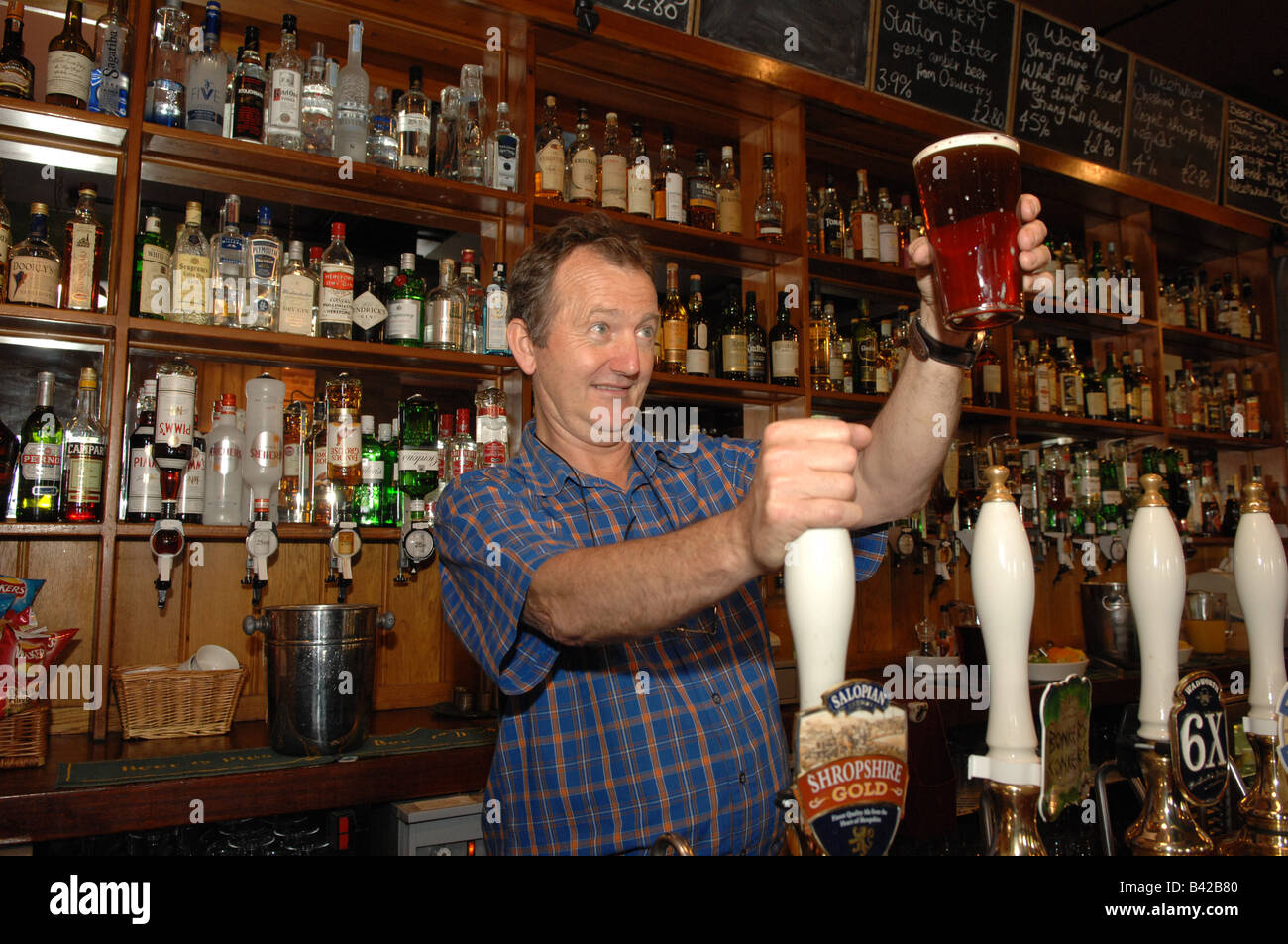 Après Barman pulling a pint of real ale Banque D'Images