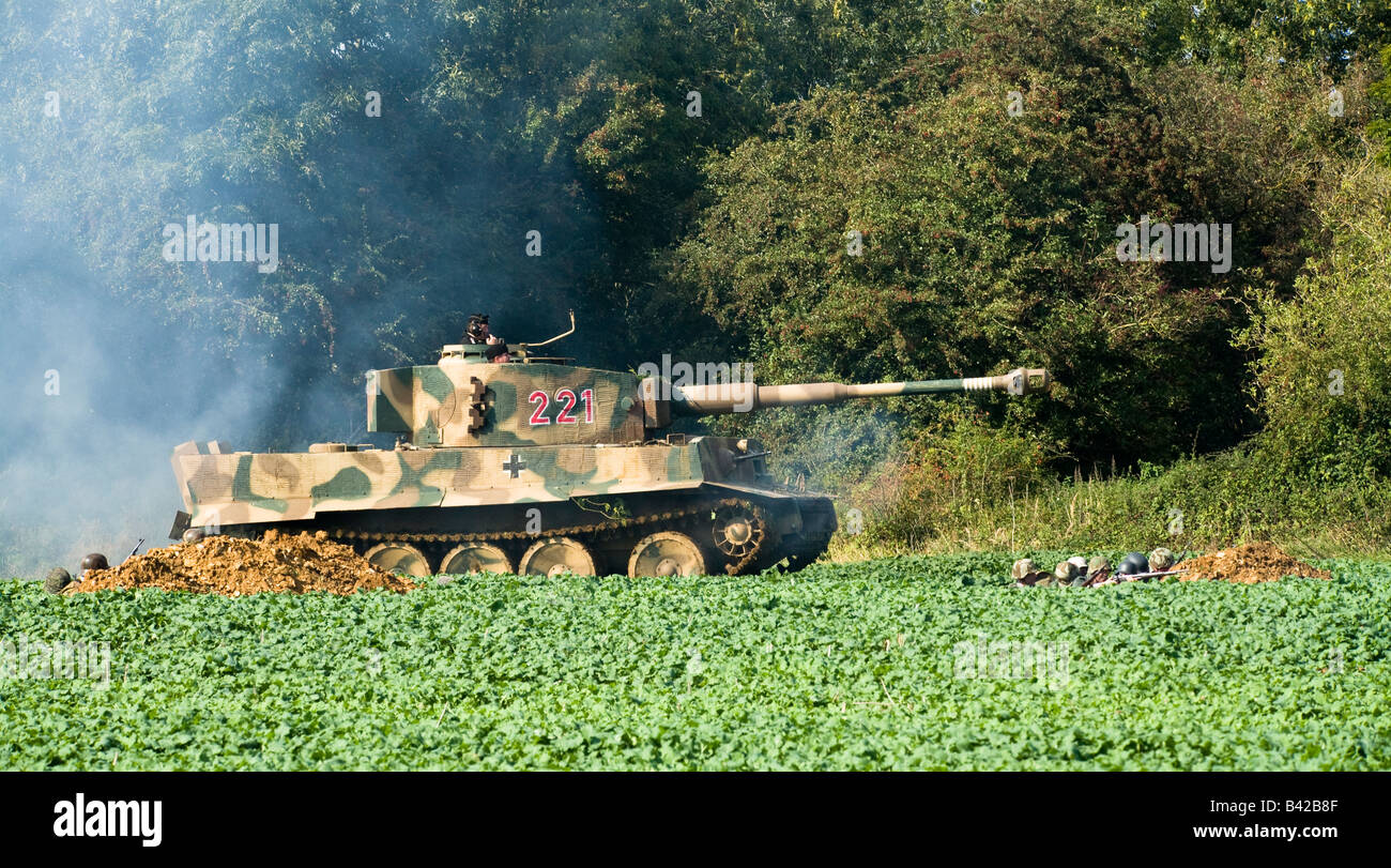 La Seconde Guerre mondiale char Tigre allemand traverse un champ de jeunes cultures dans une bataille Reconstitution faite à l'Aérodrome de Spanhoe, Northamptonshire Sept 2008 Banque D'Images