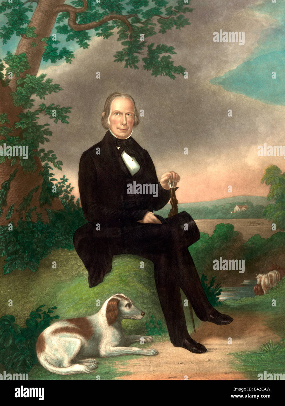 Henry Clay full length portrait assis sous arbre face à l'avant avec un chien à ses pieds. Banque D'Images
