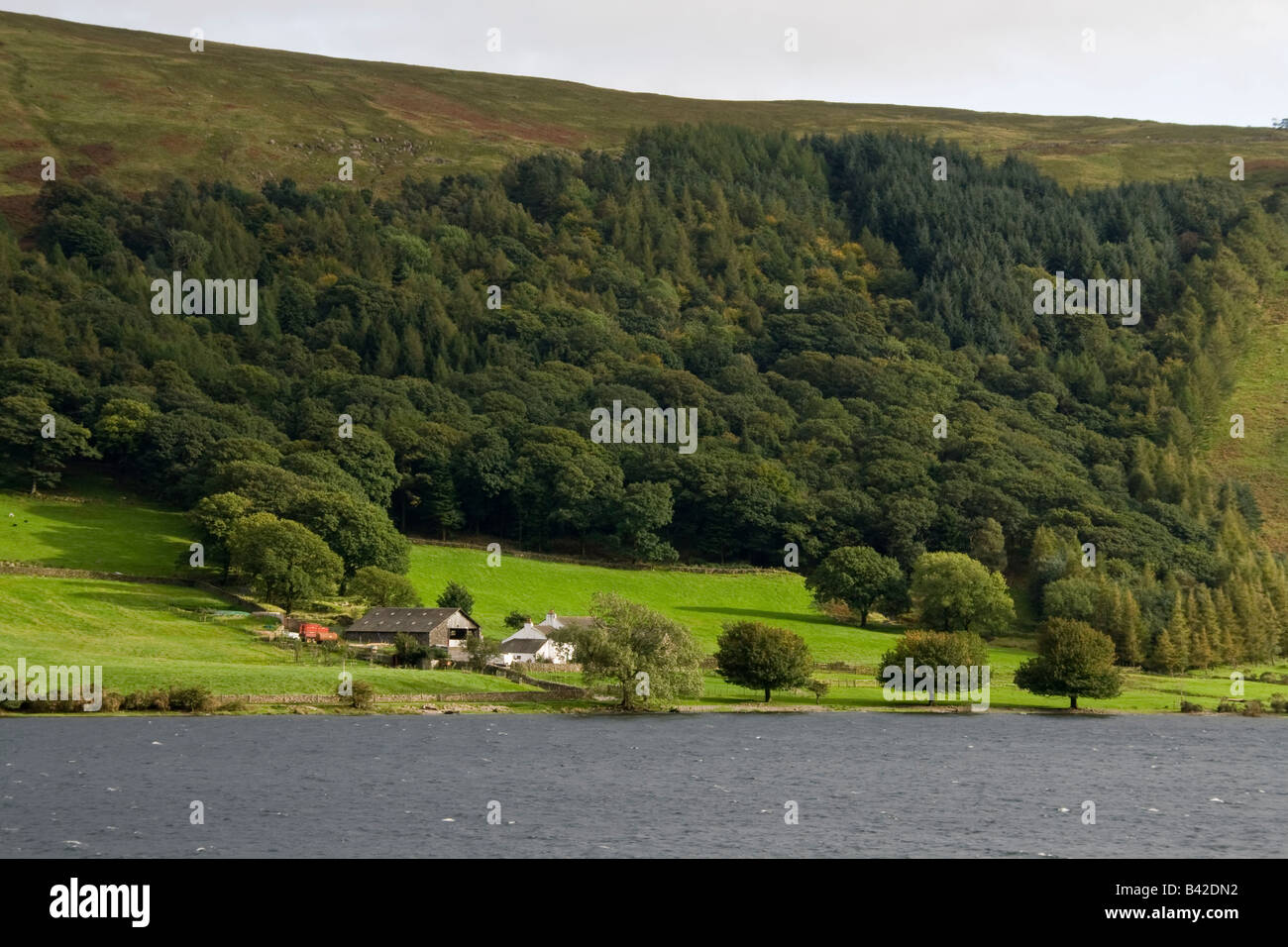 Wasdale Head Hall Farm et la clôture en bois, as été l'eau, Parc National de Lake District, Cumbria Banque D'Images