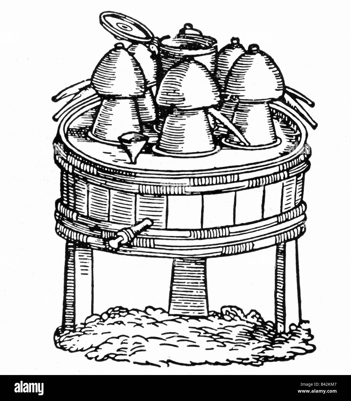 Alchimie, détilllation, bain d'eau, 'Balneum Mariae', coupe de bois, 'Destillierbuch' par Walther Hermann Ryff, Francfort, 1545, Banque D'Images