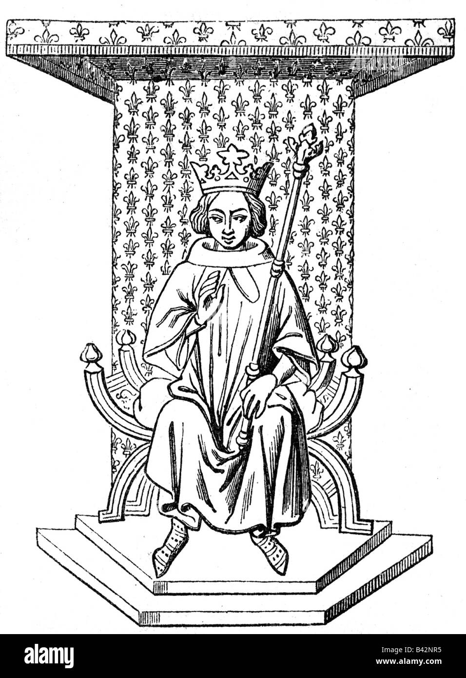 Louis IX, 25.4.1214 - 25.8.1270, roi de France 8.11.1226 - 25.8.1270, sur le trône, gravure après miniature, vers 14ème siècle, Capetian, Saint Louis, couronne, sceptre, couvert, âge moyen, 13ème siècle, , Banque D'Images