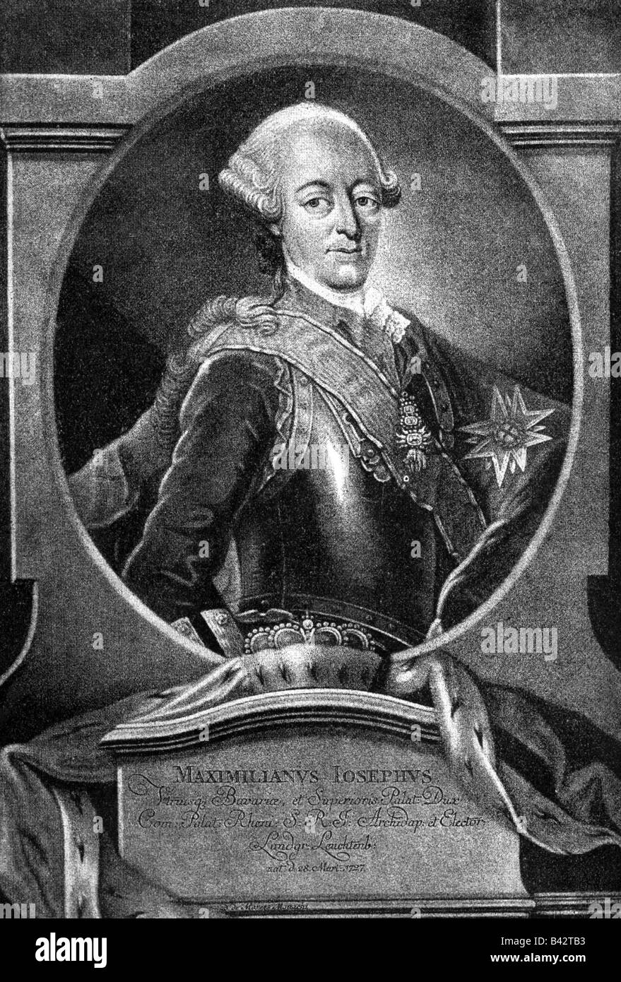 Maximilien III, 28.3.1728 - 30.12.1777, le roi de Bavière 20.1.1745 - 30.12.1777, demi-longueur, gravure sur cuivre, 18e siècle, l'artiste a le droit d'auteur , de ne pas être effacé Banque D'Images
