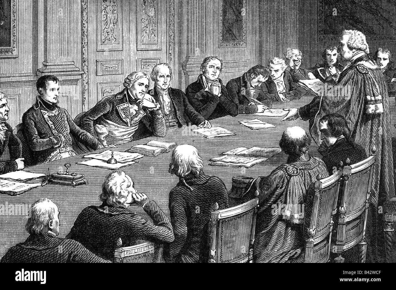 Napoléon I., 18.8.1769 - 5.5.1821, Empereur des Français 2.12.1804 - 22.6.1815, lors d'une consultation sur la France, Code napoléonien, 1804, gravure sur bois, XIXe siècle, , Banque D'Images