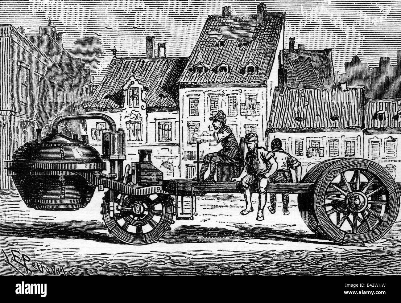 Cugnot, Nicolas Joseph, 25.9.1725 - 2.10.1804, inventeur français, son véhicule à vapeur, 1769, gravure sur bois, XIXe siècle, , Banque D'Images