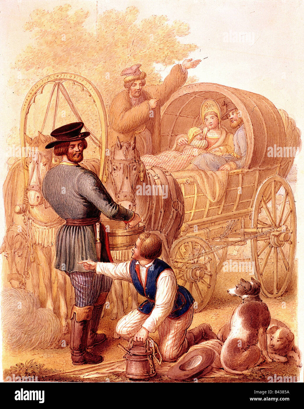 Géographie / voyages, Russie, gens, famille itinérante, chevaux d'arrosage, miniature par George Opiz, vers 1830, à partir de la série 'Tableau charact. De la Russie', Banque D'Images