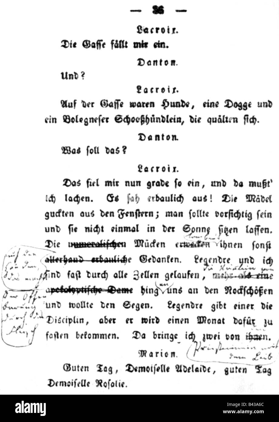 Büchner, Georg 17.10.1813 - 19.2.1837, écrivain / auteur allemand, œuvre, 'mort des tonnes', texte imprimé avec correction manuscrite par Büchner, vers 1835, Banque D'Images