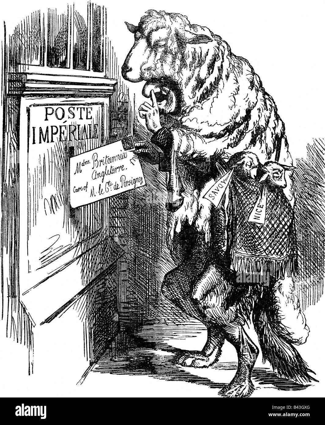 Napoléon III, 20.4.1808 - 9.1.1873, Empereur des Français 2.12.1852 - 2.9.1870, caricature, smarming sur la Grande-Bretagne, gravure sur bois, 'Punch', Londres, 1860, Banque D'Images