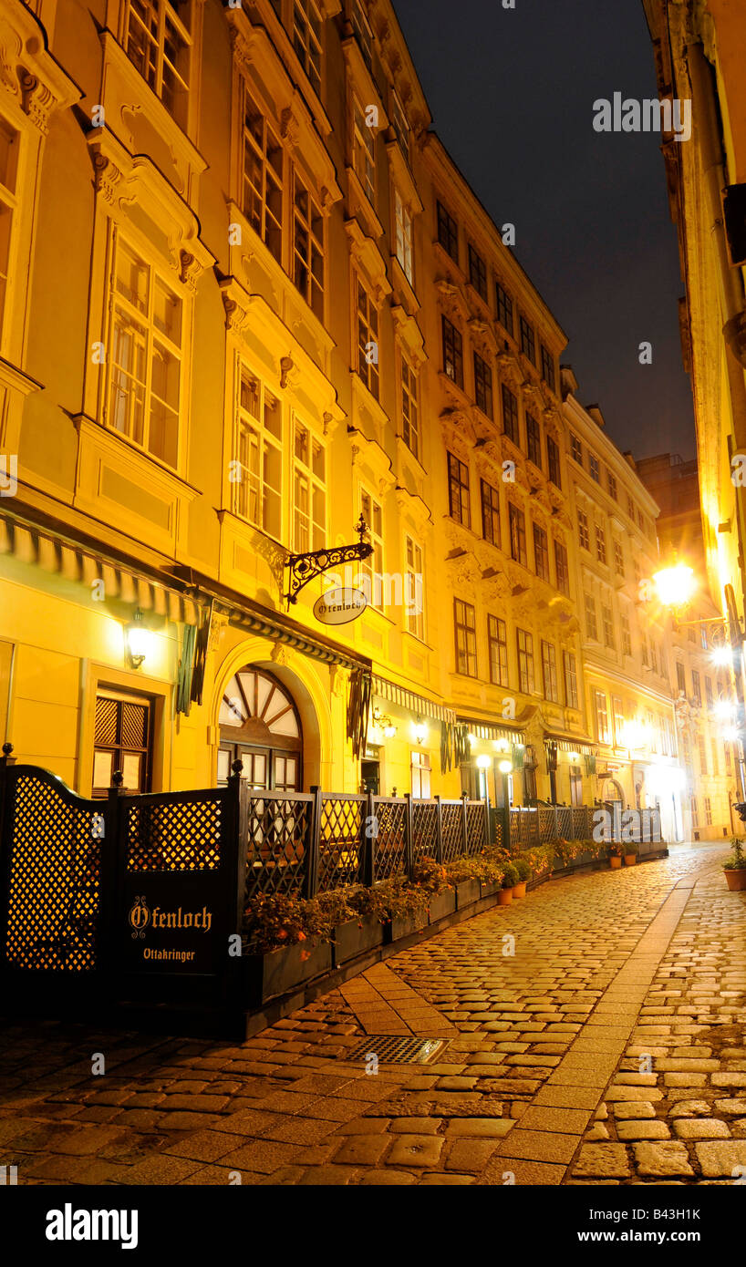 Une belle rue pavée bordée de restaurants près de Judenplatz, à Vienne, en Autriche. Banque D'Images