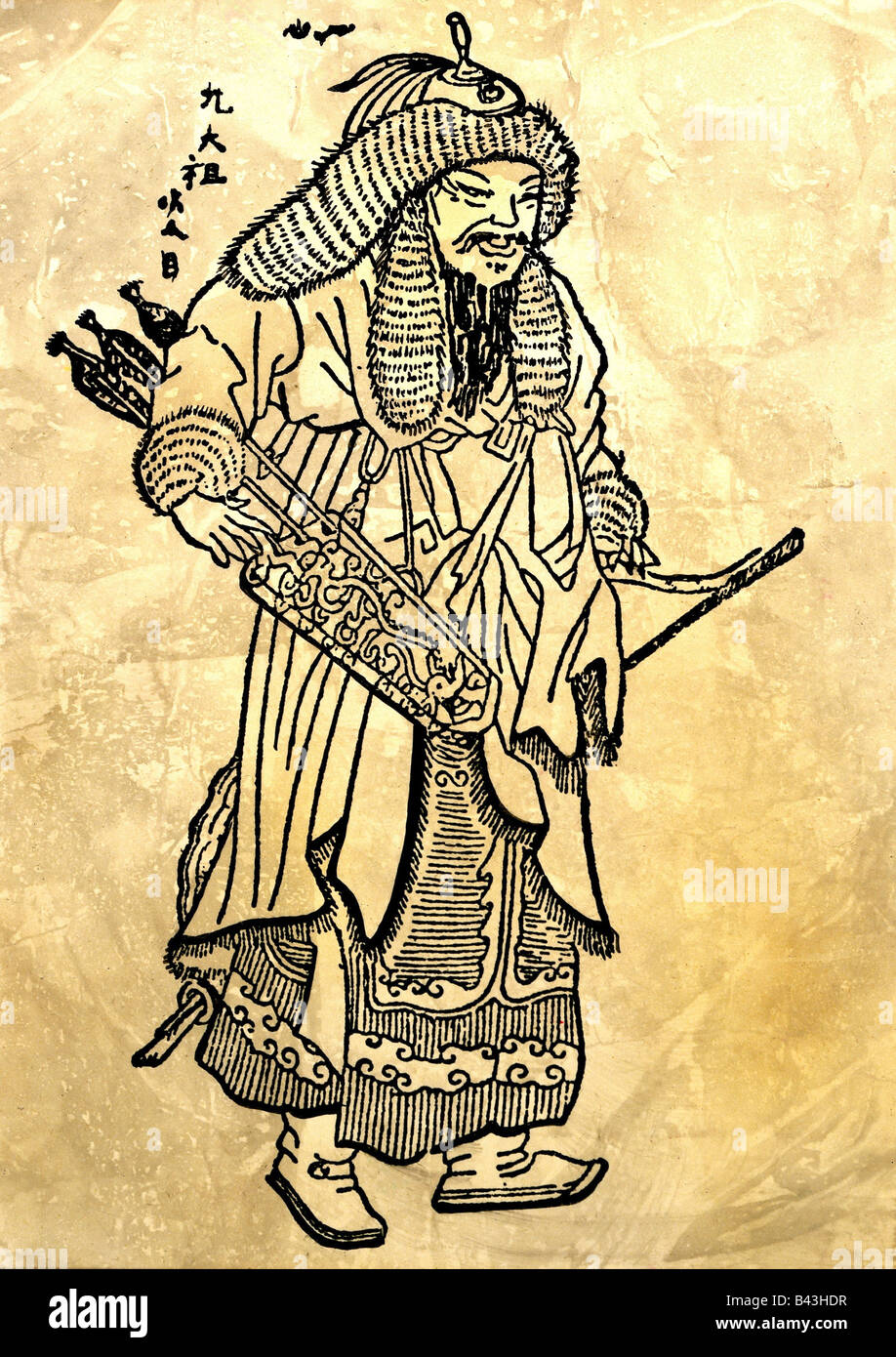 Gengis Khan, 1155 - 18.8.1227, dirigeant mongol depuis 1206, fondateur de l'Empire mongol, s'inspirant d'une miniature chinoise, Musée historique d'État, Moscou, pleine longueur, Banque D'Images