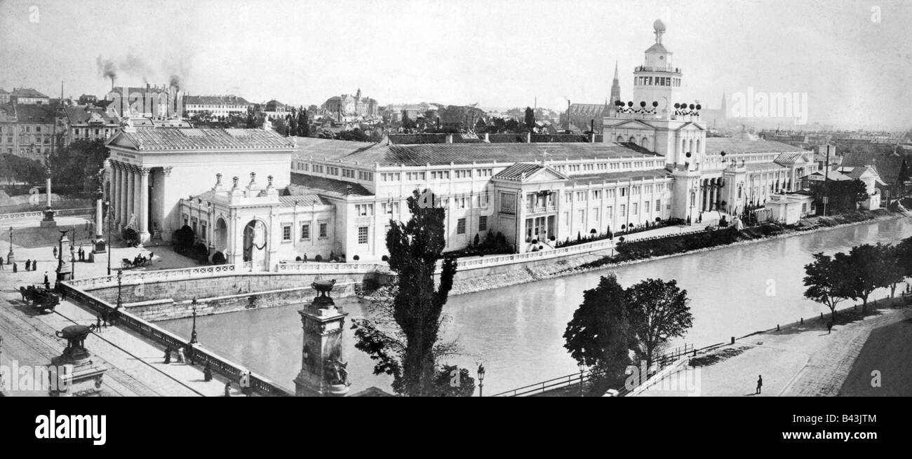 Géographie / voyages, Allemagne, Munich, musées, Kohleninsel, développement de bâtiments de l'exposition industrielle et sportive 1897 - 1898 et avril 1899, vue d'ensemble, 1898, historique, XIXe siècle, aujourd'hui l'île muséale, Deutsches Museum, bâtiment, vue vers au, rivière, Isar, Ludwigsbrücke, pont, îles, gens, Banque D'Images