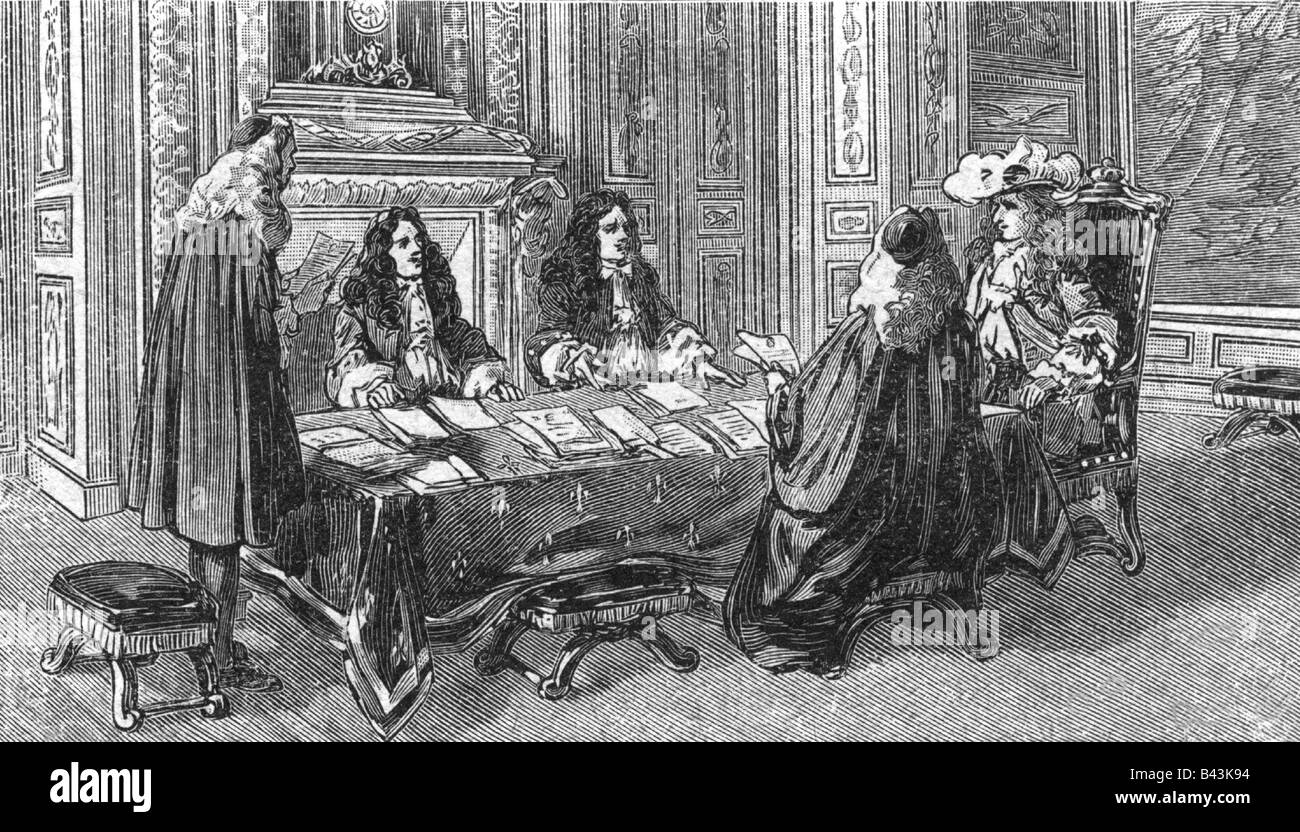 Louis XIV, 5.9.1638 - 1.9.1715, roi de France 14.5.1643 - 1.9.1715, au Conseil royal, Jean Baptiste Colbert parlant, gravure sur bois, XIXe siècle, Banque D'Images