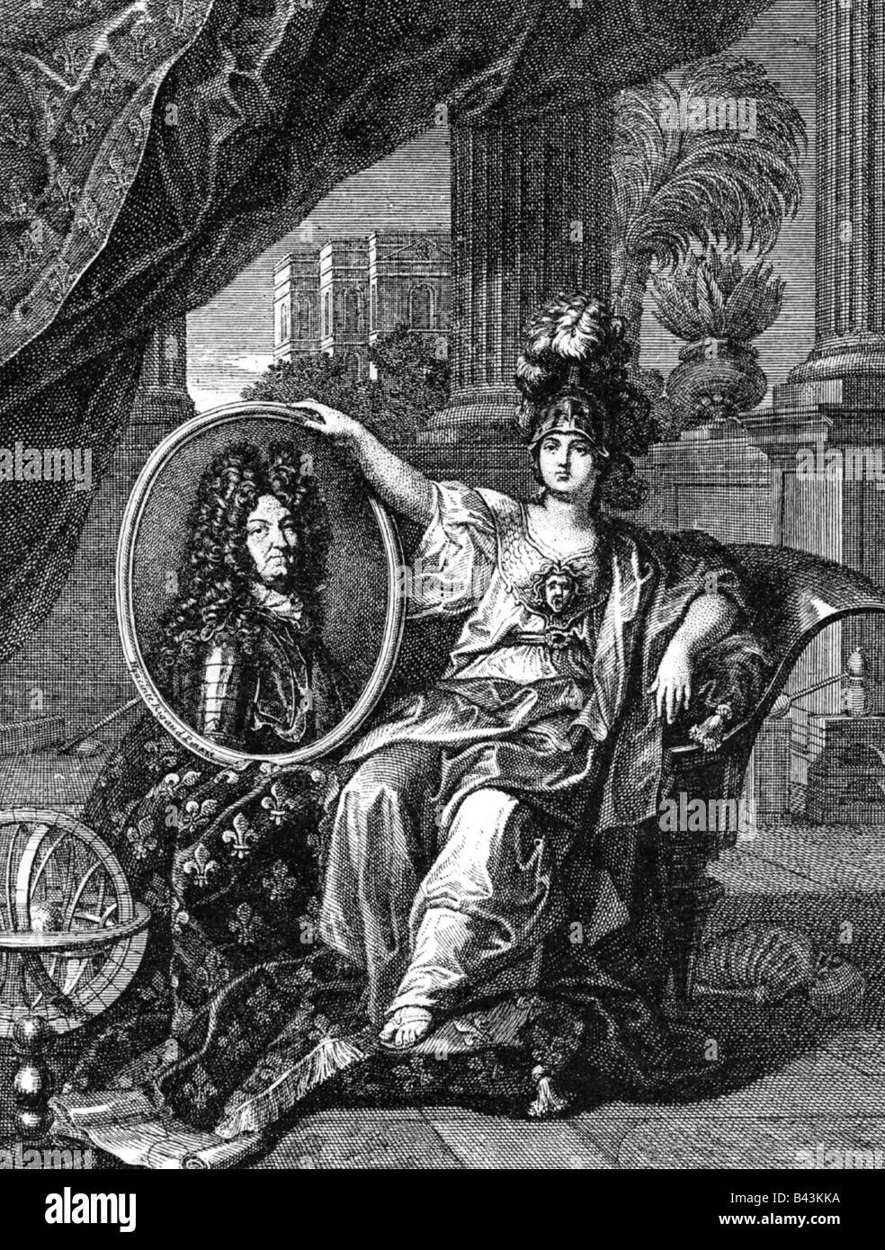 Louis XIV, 5.9.1638 - 1.9.1715, Roi de France 14.5.1643 - 1.9.1715, allégorie 'La France', gravure sur cuivre par Jean Baptiste Masse après peinture par Antoine Coypel (1661 - 1722), auteur de l'artiste , n'a pas à être effacée Banque D'Images