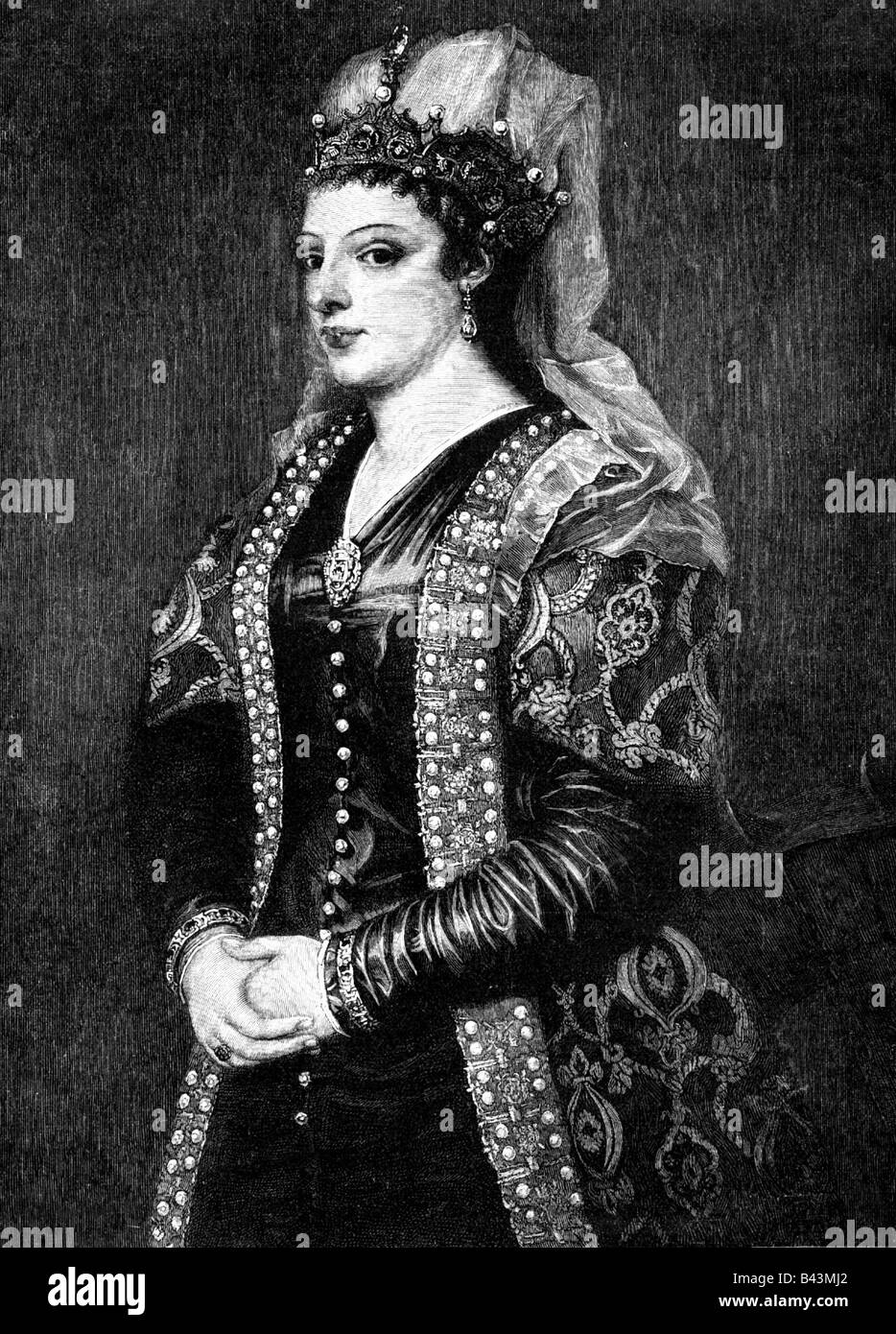 Cornaro, Catarina, 25.11.1454 - 10.7.1510, Reine de Jérusalem, l'Arménie et Chypre 1474 - 1489, demi-longueur, gravure sur cuivre après peinture, attribué à l'artiste Tizian, , n'a pas d'auteur pour être effacé Banque D'Images