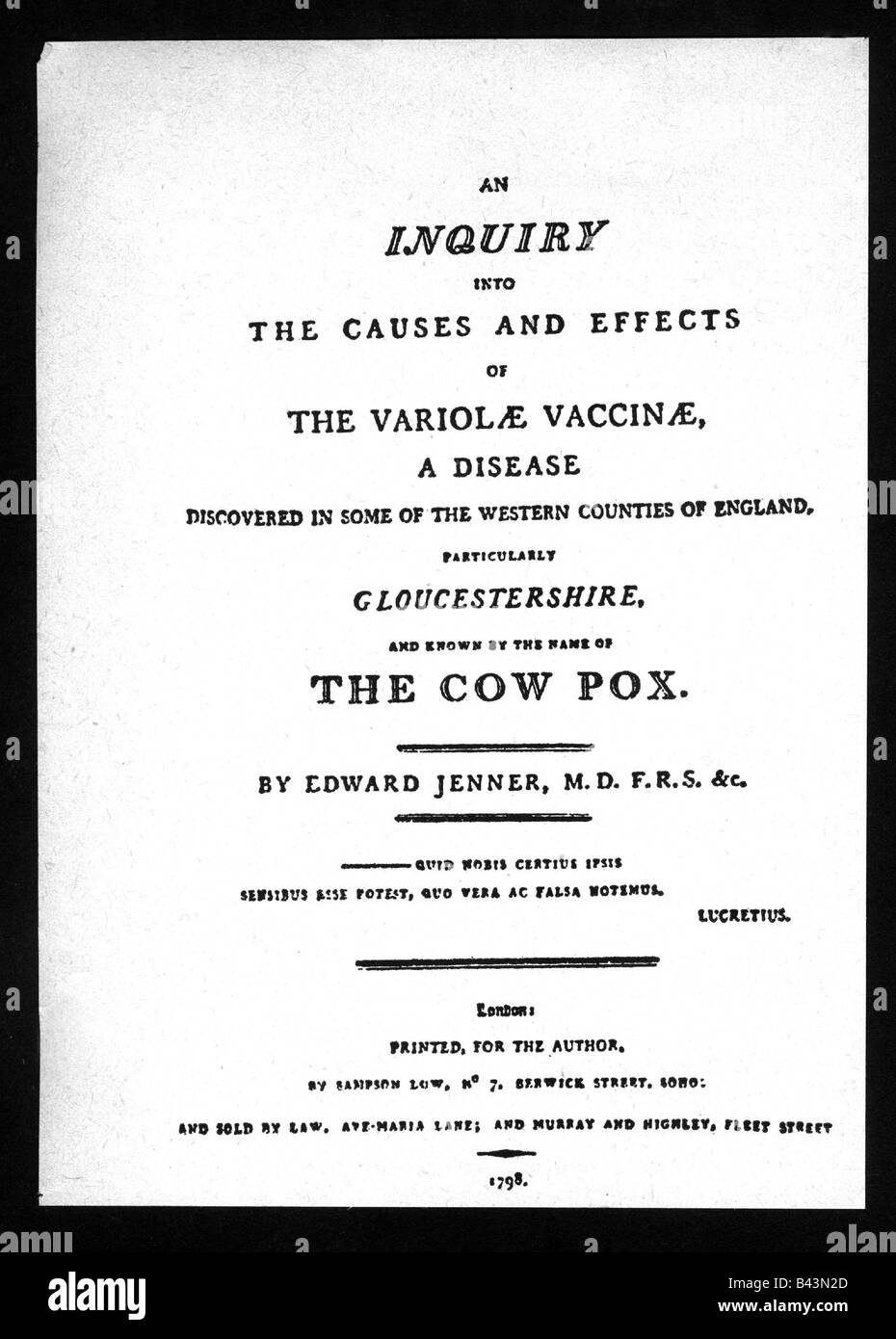Jenner, Edward, 17.5.1759 - 26.1.1823, médecin/medic anglais, découverte de la variole et de la variole 1796, livre sur la variole de vache 'une enquête sur les causes et les effets de la variolae Vaccinae, une maladie découverte dans certains comtés occidentaux d'Angleterre, Particulièrement Gloustershire et connu sous le nom de Cow Pox', première édition, historique, docteur, médecine, vaccination, Banque D'Images