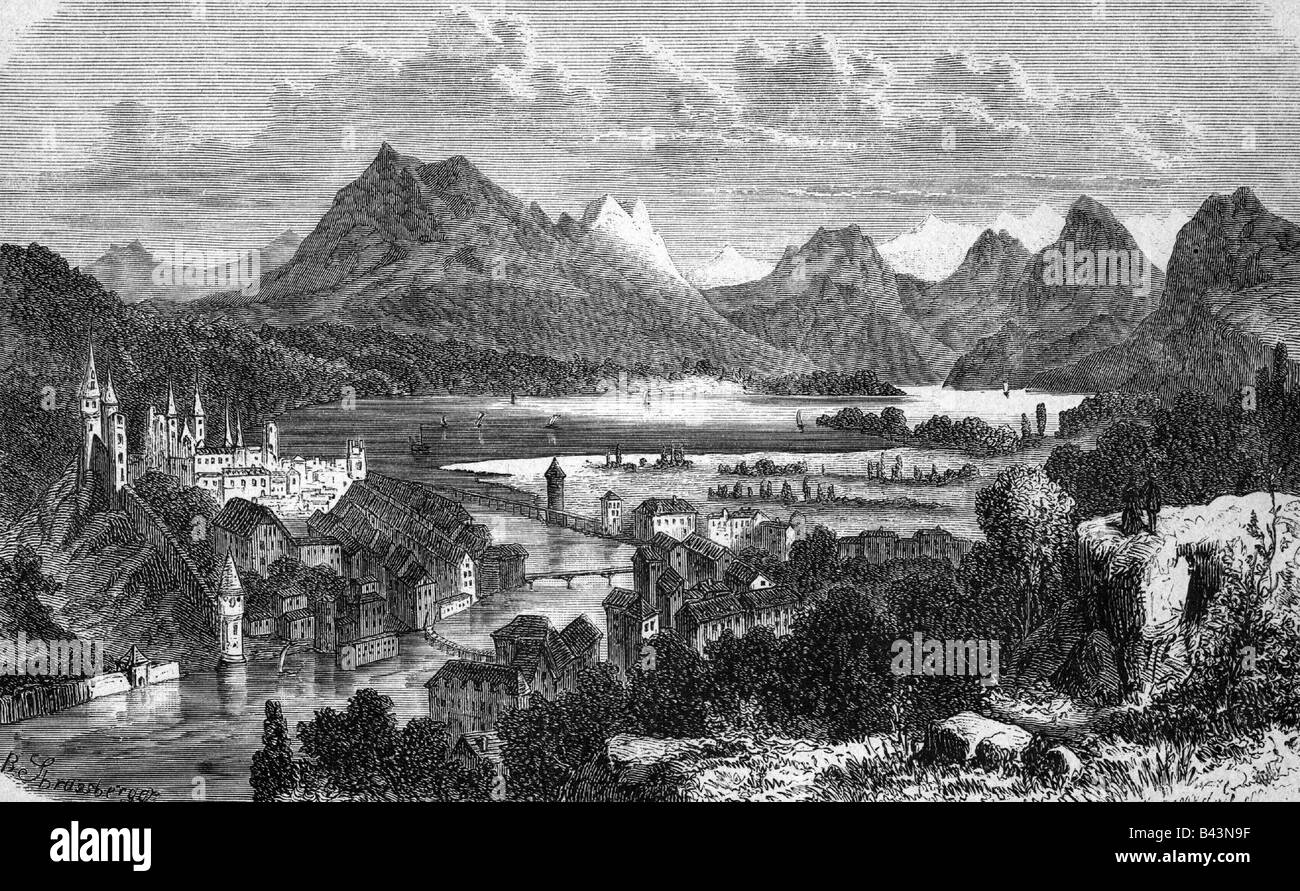 Géographie / voyages, Suisse, Lucerne, vue sur la ville / paysages urbains, gravure, 19ème siècle, après B. Strassberger, historique, historique, Europe, Canton Lucerne, Lac Lucerne, paysage, montagnes, Rigi, Pilatus, lacs, Banque D'Images