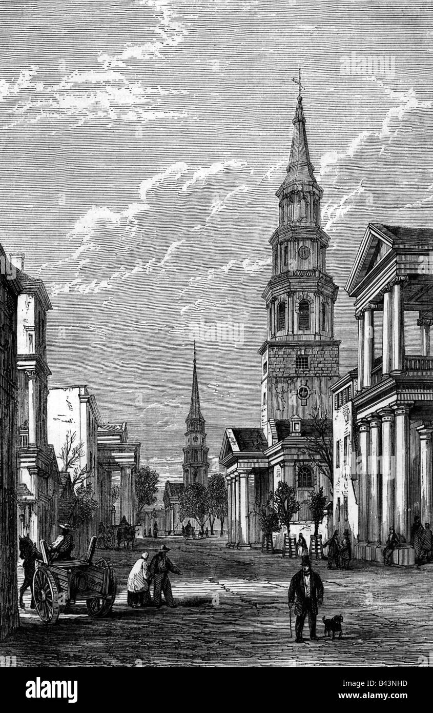 Géographie / voyages, États-Unis, Caroline du Sud, Charleston, rue avec cahtedral, gravure, 1869, Banque D'Images