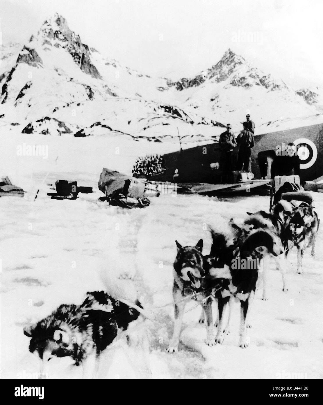 Canadian Air Force de l'équipage de bombardiers Hudson se placer à côté de l'avion après avoir perdu dans la neige au Groenland un chien husky rescue team arrive sur les lieux WW2 1942 Banque D'Images