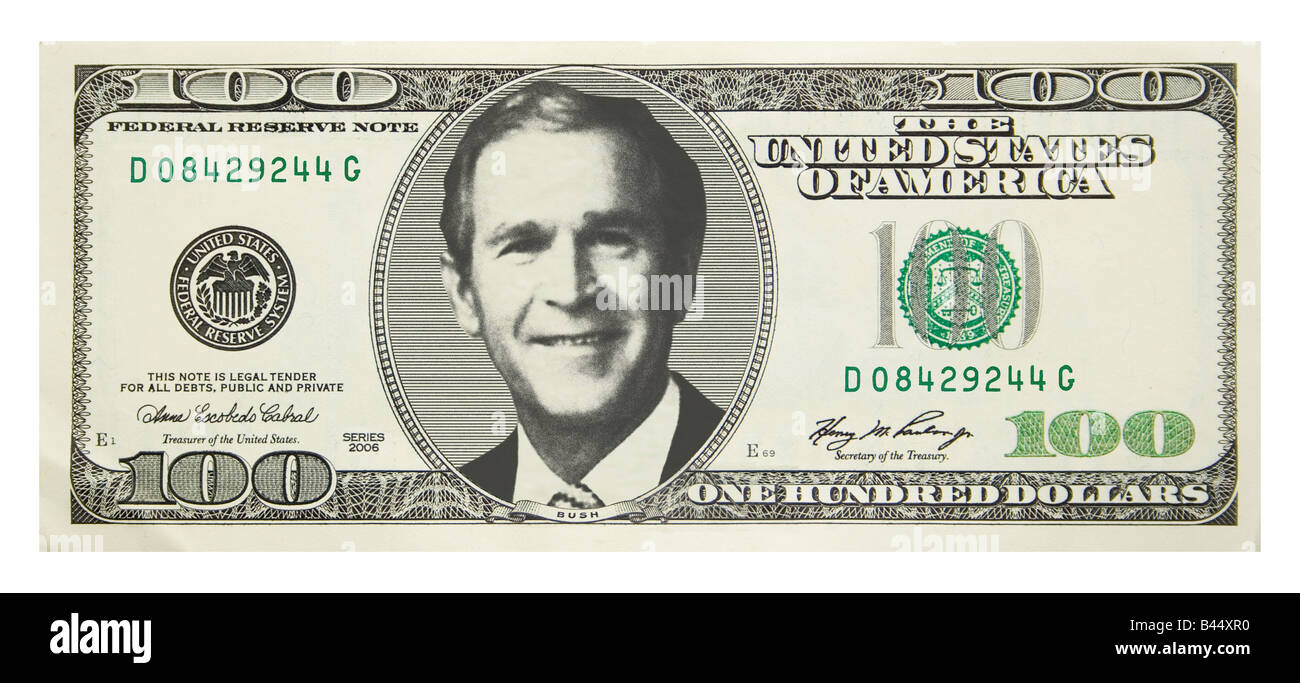 Montage photo Illustration concept de George Bush sur 100 Dollar Bill Banque D'Images Montage photo Illustration concept de George Bush sur 100 Dollar Bill Banque D'Images