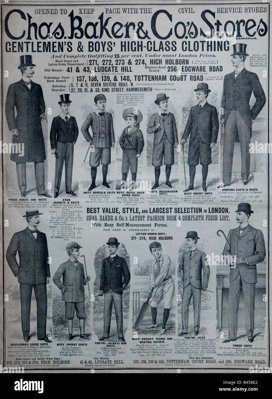 Publicité de l'époque victorienne pour Chas Baker & Co magasins à Londres  Messieurs's & Vêtements Garçons 1899 pour un usage éditorial uniquement  Photo Stock - Alamy