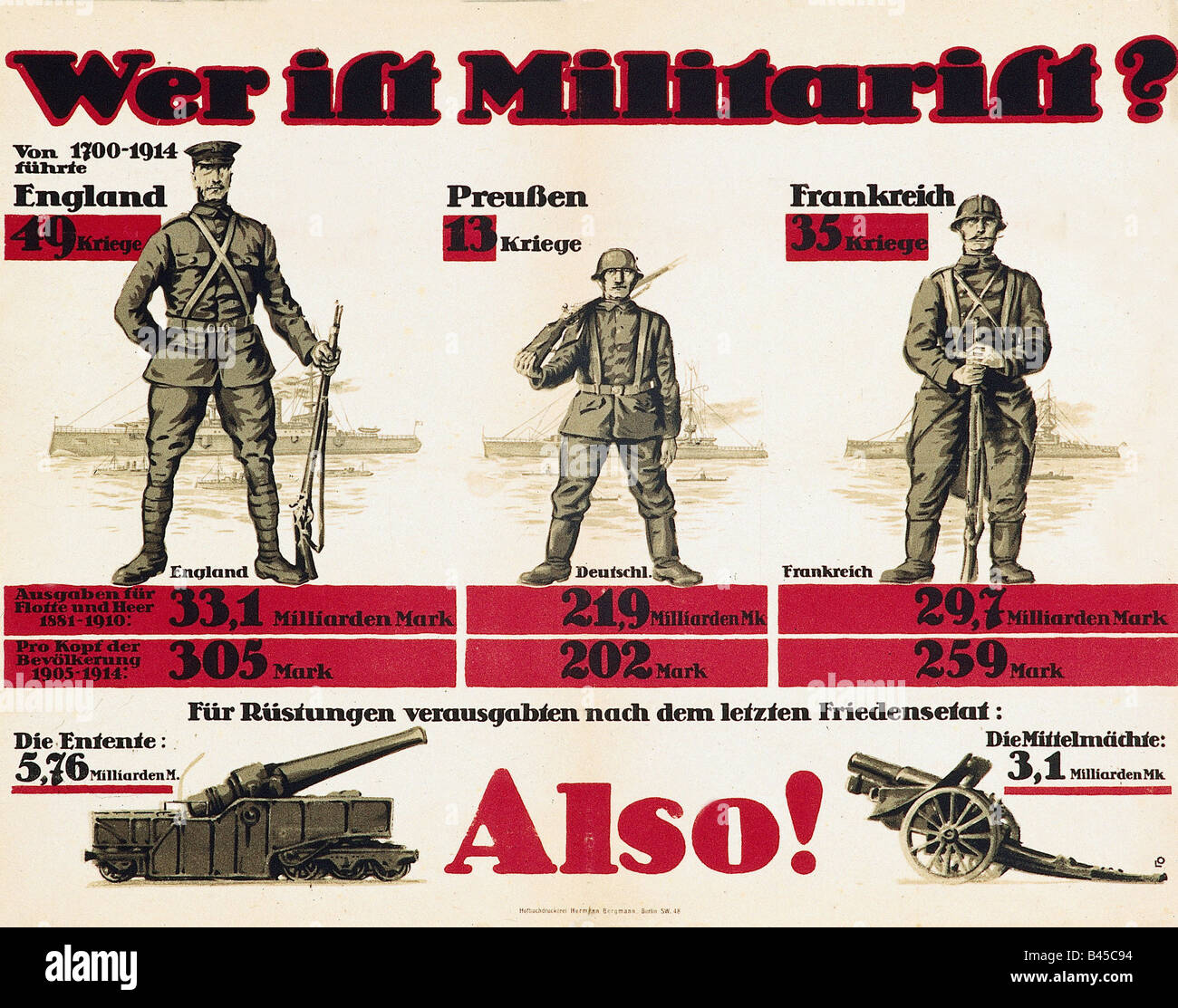 Événements, première Guerre mondiale / première Guerre mondiale, propagande, 'Wer ist Militarist?' (Qui est militariste?), comparaison des activités belligérantes prussiennes, anglaises et françaises de 1700 à 1914, Allemagne, vers 1916, Banque D'Images