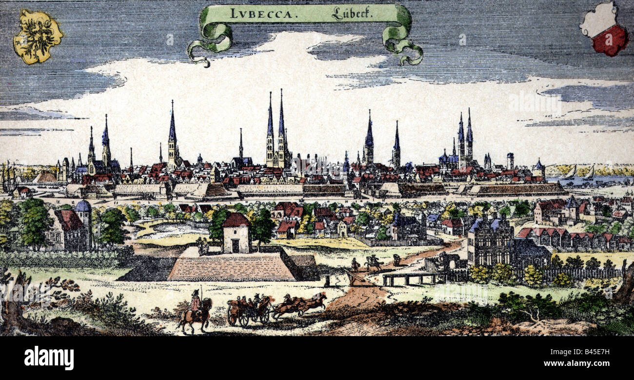 Géographie / voyage, Allemagne, Lübeck, vues sur la ville / paysages urbains, gravure couleur par Matthäus Merian Topographia Germaniae de '', 1642 - 1655, l'artiste n'a pas d'auteur pour être effacé Banque D'Images