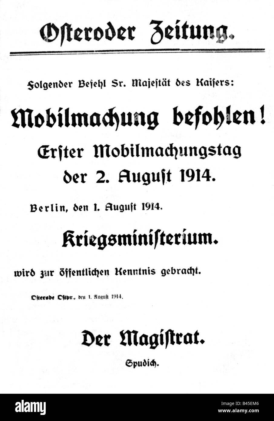 Événements, première Guerre mondiale / première Guerre mondiale, déclenchement de la guerre, 'Mobilmachung befohlen!' (mobilisation ordonnée!), bulletin spécial, 'Osteroder Zeitung', 1.8.1914, Banque D'Images