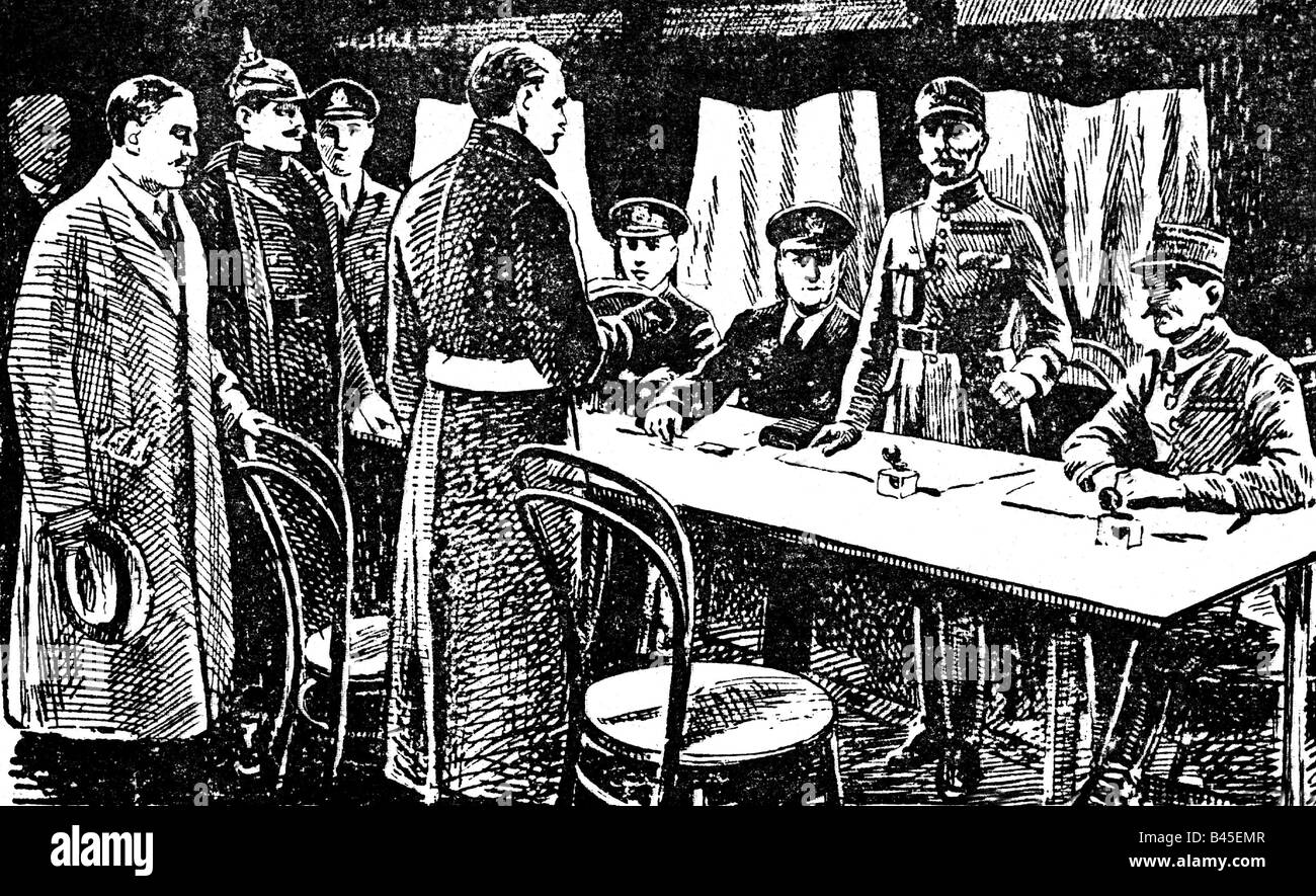 Événements, première Guerre mondiale / première Guerre mondiale, fin de guerre, signature de l'armistice dans le palais 2419, Compiegne, 11.11.1918, dessin, Allemagne, France, Grande-Bretagne, chemin de fer, chemin de fer, train, voiture, militaire, politique, XXe siècle, historique, historique, peuple, 1910, Banque D'Images