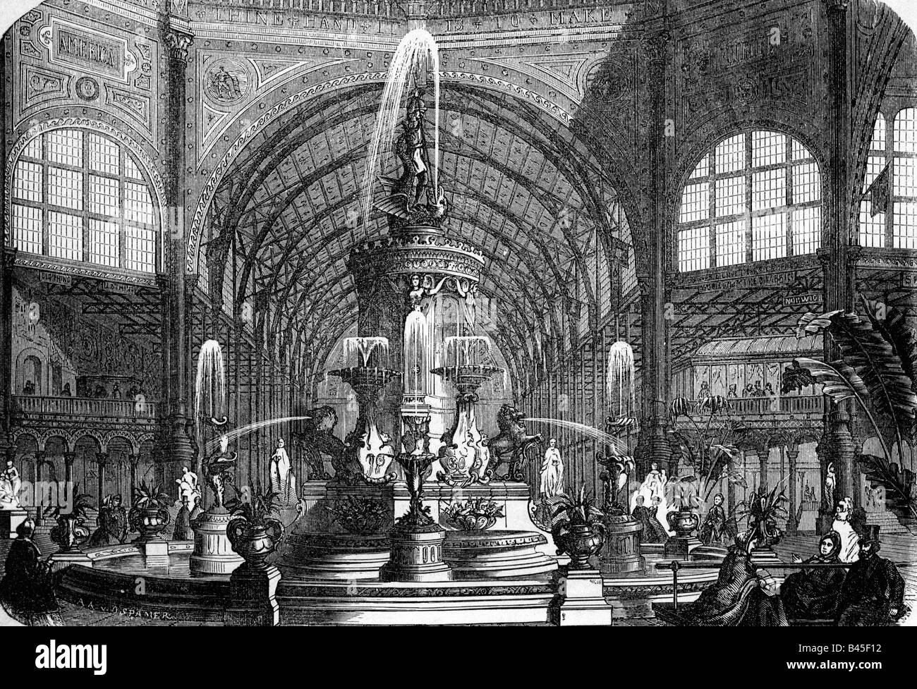 Expositions, foires du monde, Londres, Grande exposition des œuvres de l'industrie de toutes les nations, 1.5.1851 - 15.10.1851, Palais de Cristal, vue intérieure, fontaine, gravure en bois, 1851, Expo, Grande-Bretagne, Angleterre, XIXe siècle, historique, historique, peuple, Banque D'Images