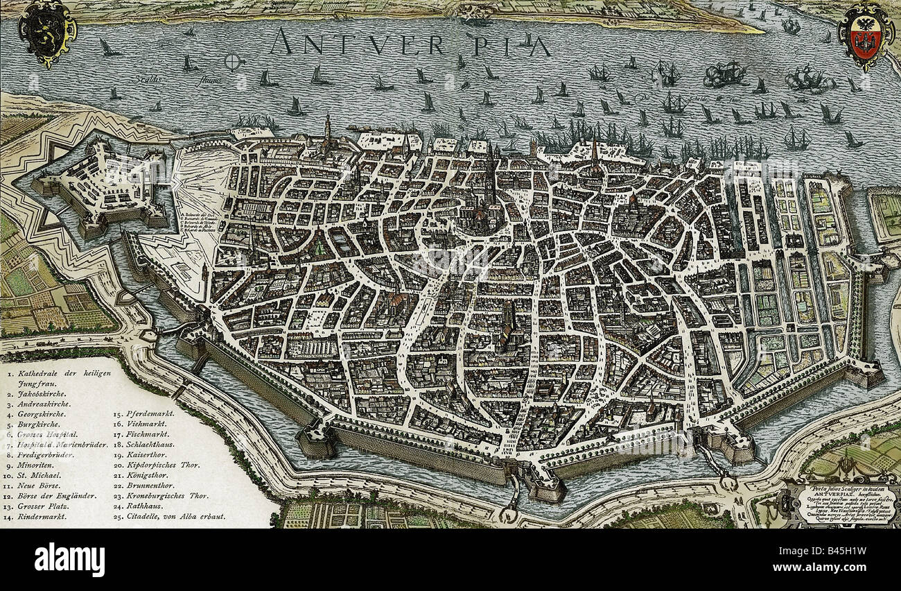 Géographie / voyages, Belgique, Anvers, vues sur la ville / paysages urbains, vue topographique, après gravure de Georg von Braun, Cologne, 1572, Banque D'Images