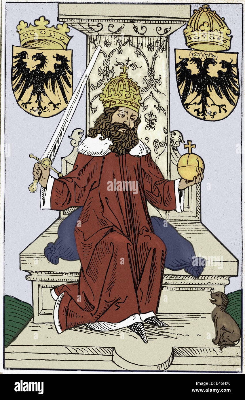 Sigismund, 15.2.1368 - 9.12.1437, empereur romain Saint, pleine longueur, coupe de bois, XVe siècle, livre du conseil de Constance, 1483, , Banque D'Images