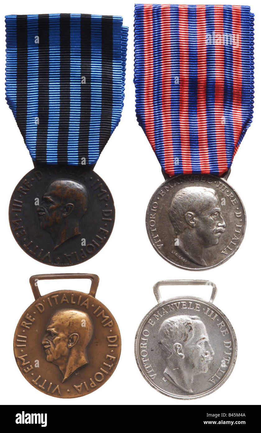 Décorations, Italie, deux médailles d'argent de la guerre turco-italienne 1911/1912, deux médailles de bronze avec le roi Vittorio Emmanuele III comme empereur d'Ethiopie 1936, royaume, Turco Guerre italienne, portrait, Banque D'Images