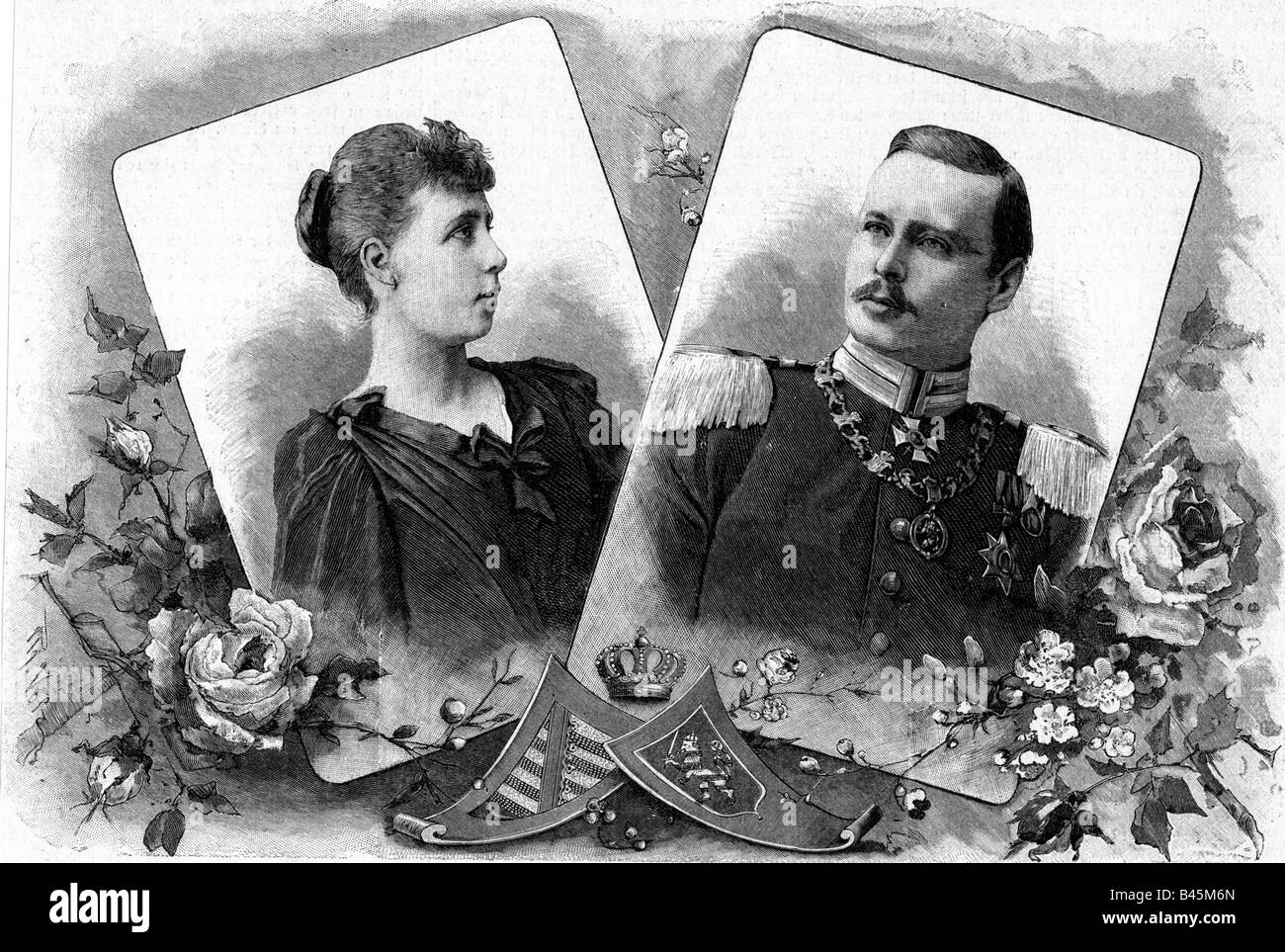 Ernest Louis, 25.11.1868 - 9.10.1937, Grand-duc de Hesse et par le Rhin 13.3.1892 - 9.11.1918, portrait, avec fiance Victoria Melita d'Édimbourg, gravure, Darmstadt 1894, princesse de Grande-Bretagne, Wettin, Saxe-Coburg-Gotha, Allemagne, Saxe Coburg Gotha, 19ème siècle, Ernst Ludwig, Viktoria, femme, Duchesse, femme Banque D'Images
