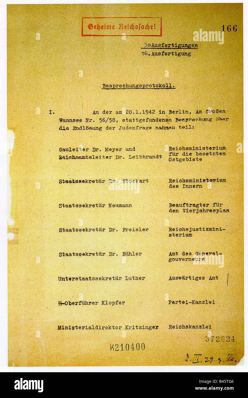 National socialisme/nazisme, crimes, persécution des juifs, Conférence de Wannsee, 20.1.1942, protocole, page 1, nazi, Holocauste, document, solution finale, historique, XXe siècle, années 1940, Banque D'Images