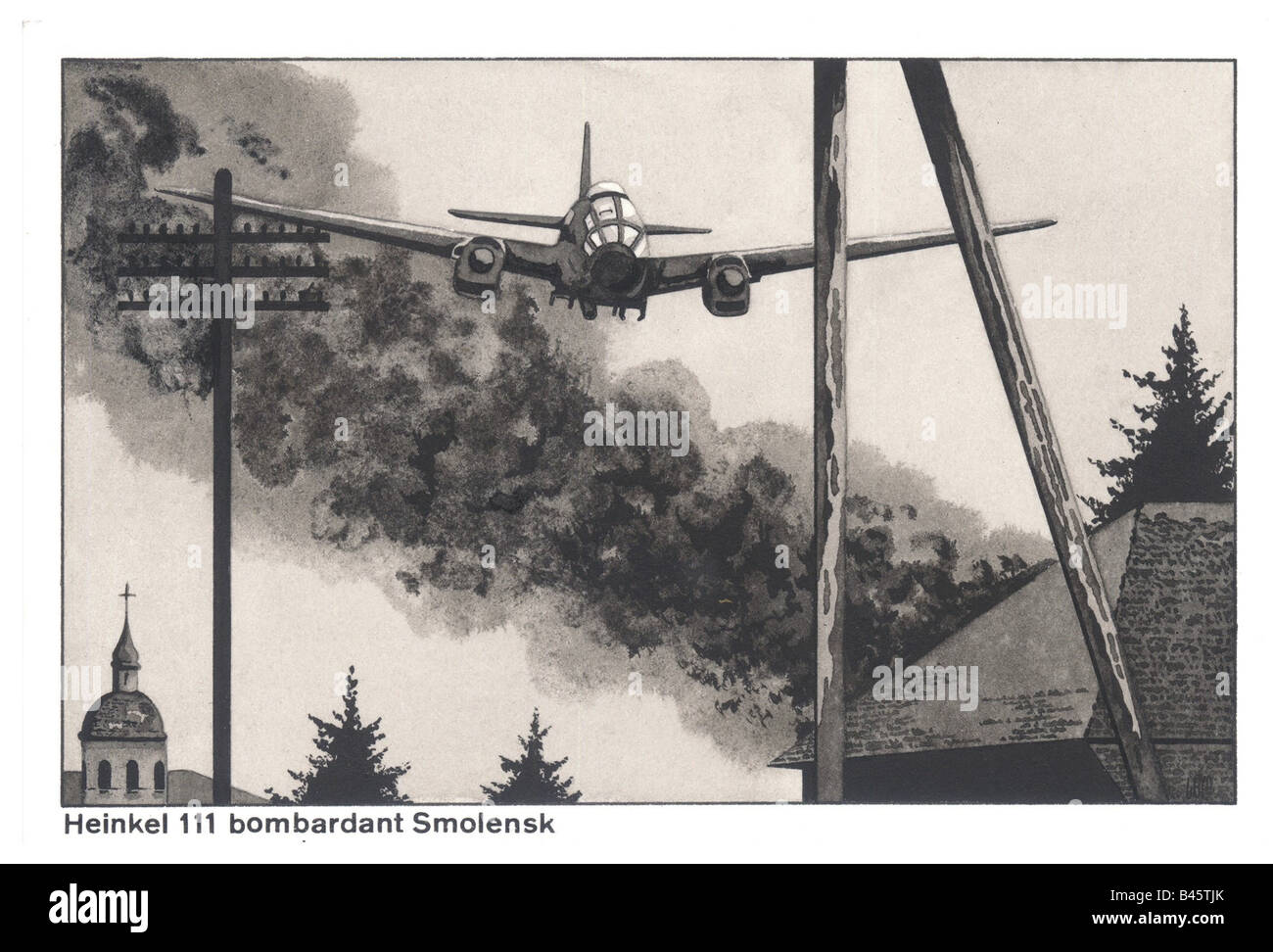 Événements, seconde Guerre mondiale/seconde Guerre mondiale, guerre aérienne, Russie 1941, bombardier allemand Heinkel He 111 bombarder Smolensk, dessin de LEM, XXe siècle, Banque D'Images