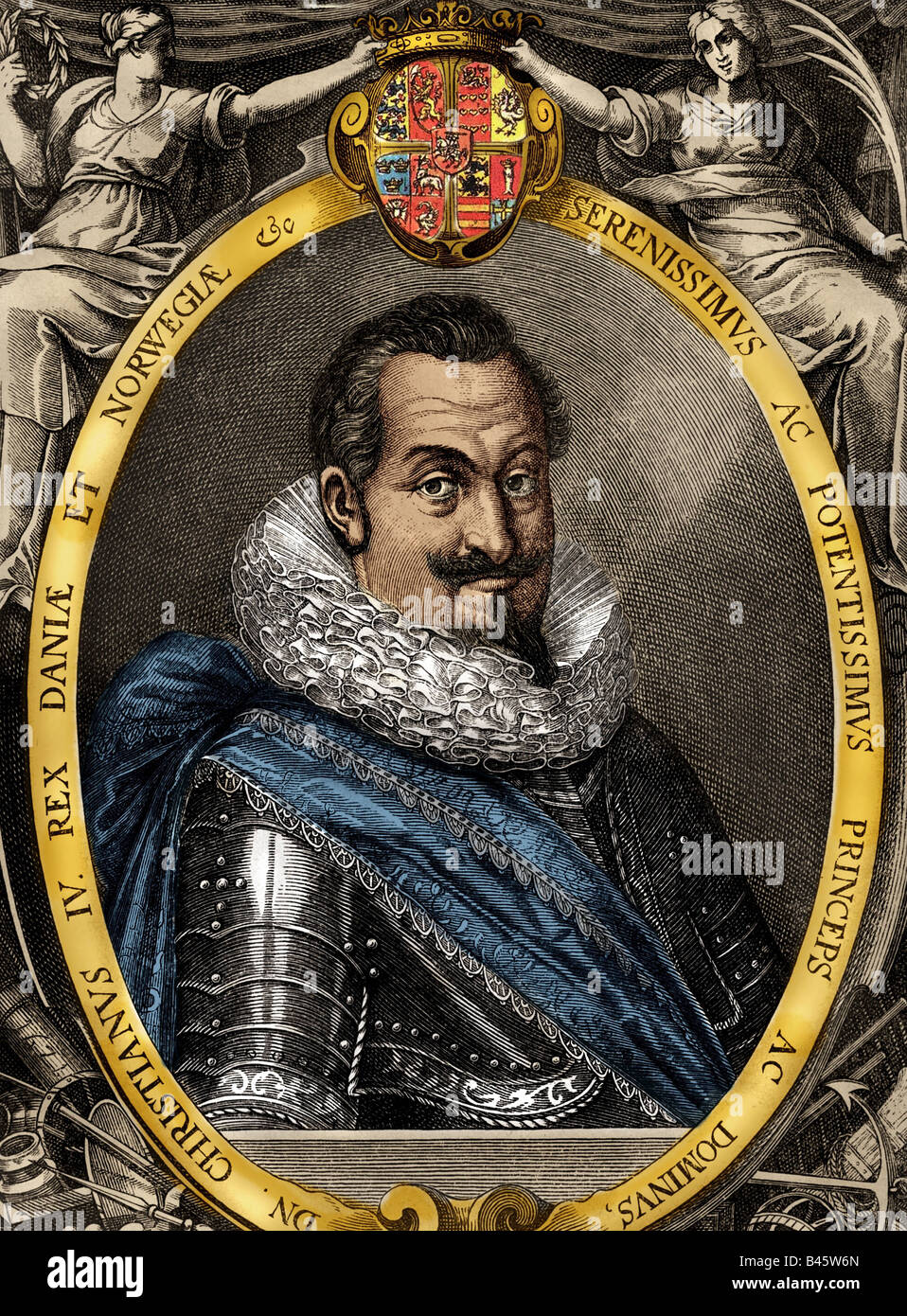 Christian IV, 12.4.1577 - 28.2.1648, le roi de Danemark 4.4.1588 - 28.2.1648, portrait, gravure de Lucas Kilian (1579 - 1637), plus tard, aux couleurs de l'artiste , Copyright n'a pas à être effacée Banque D'Images