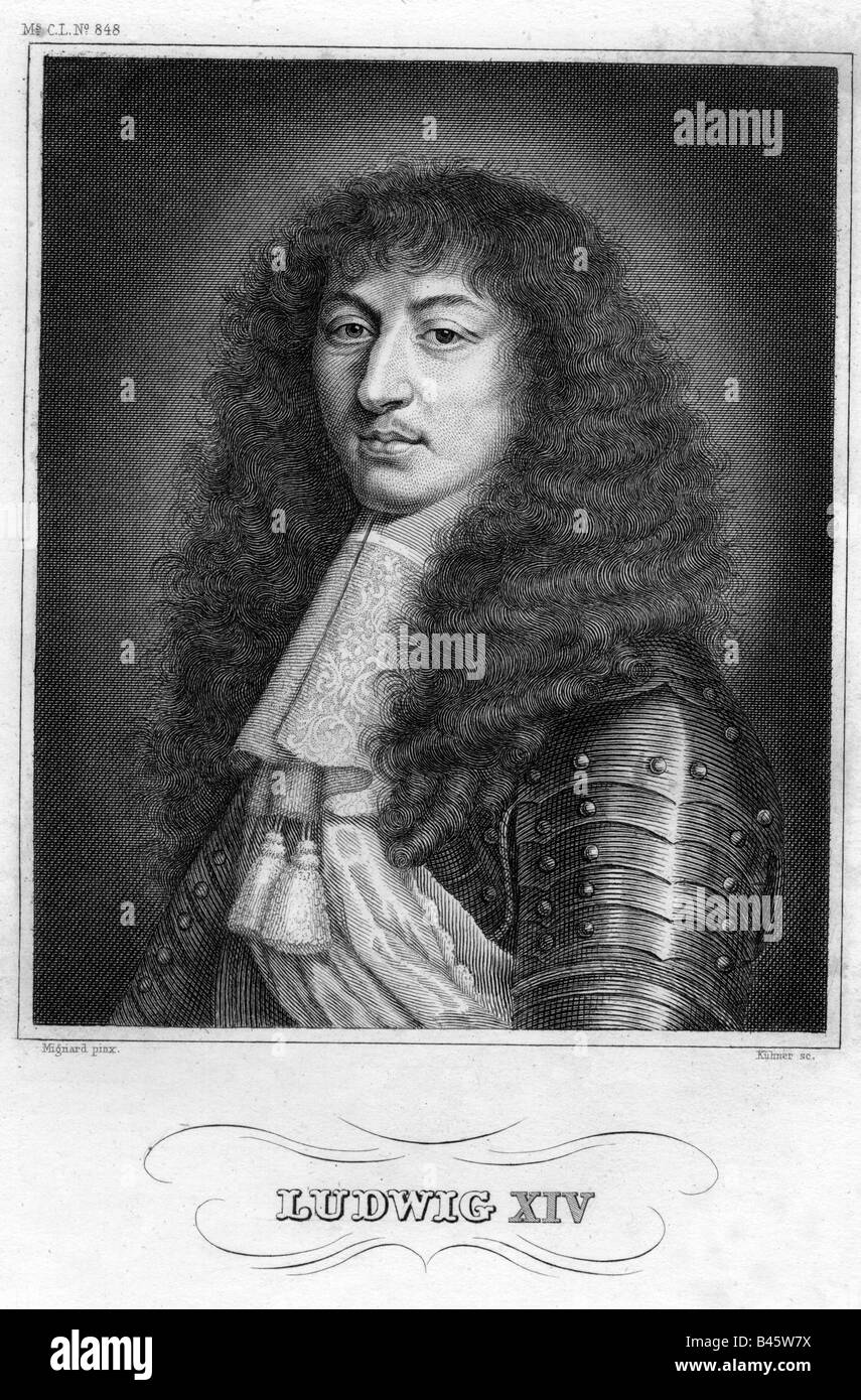 Louis XIV, 5.9.1638 - 1.9.1715, roi de France, 14.5.1643 - 1.9.1715, demi-longueur, gravure, après Mignard, Meyers Konversationslexikon, 19e siècle, historique, 17e / 18e siècle, historique, Bourbon, Bourbons, "Roi Soleil", de l'absolutisme, fashion, perruque, baroque, cravate, Armor, , n'a pas d'auteur de l'artiste pour être effacé Banque D'Images