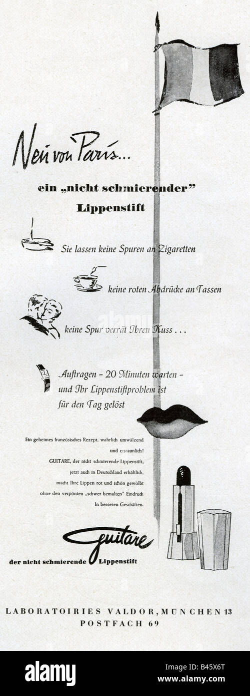 Publicité, cosmétiques, 'Guitare', rouge à lèvres, laboratoires Valdor, Munisch, ad, Allemagne, 1949, maquillage, après la guerre, XXe siècle, Banque D'Images