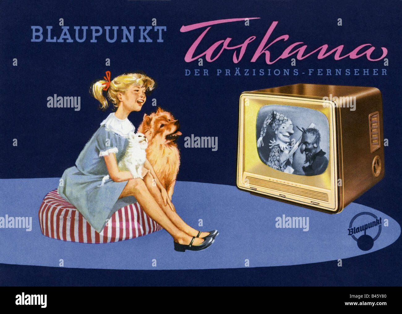 Diffusion, télévision, publicité, titre de groschure de Blaupunkt TV set typ Toscana, Allemagne, 1957, Banque D'Images