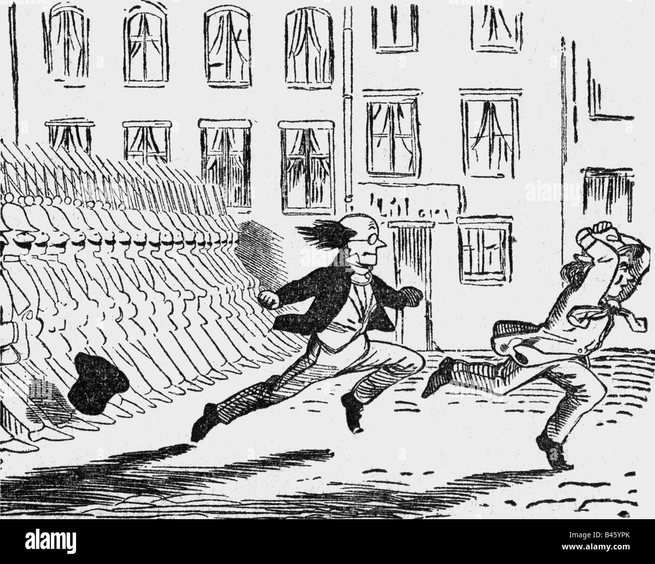 Événements, révolutions 1848 - 1849, Allemagne, Prusse, caricature, nouvelle machine de nettoyage de rue de WrangelS à Berlin, dessin, novembre 1848, Banque D'Images