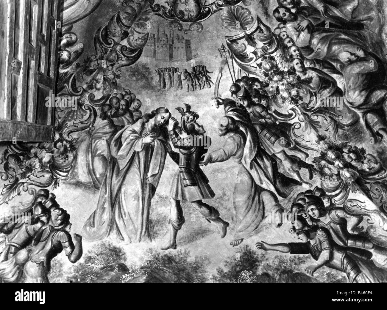 Religion, scènes bibliques, soldat romain coupe un verrou de cheveux du Christ inreposant que Saint-Pierre le défend avec un sabre, Fresco par Pocasangre, Atotonilco, Mexique, années 1960, Banque D'Images